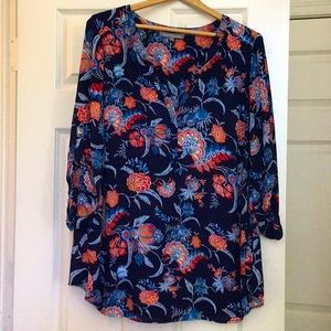 Navy blouse with bright floral accents